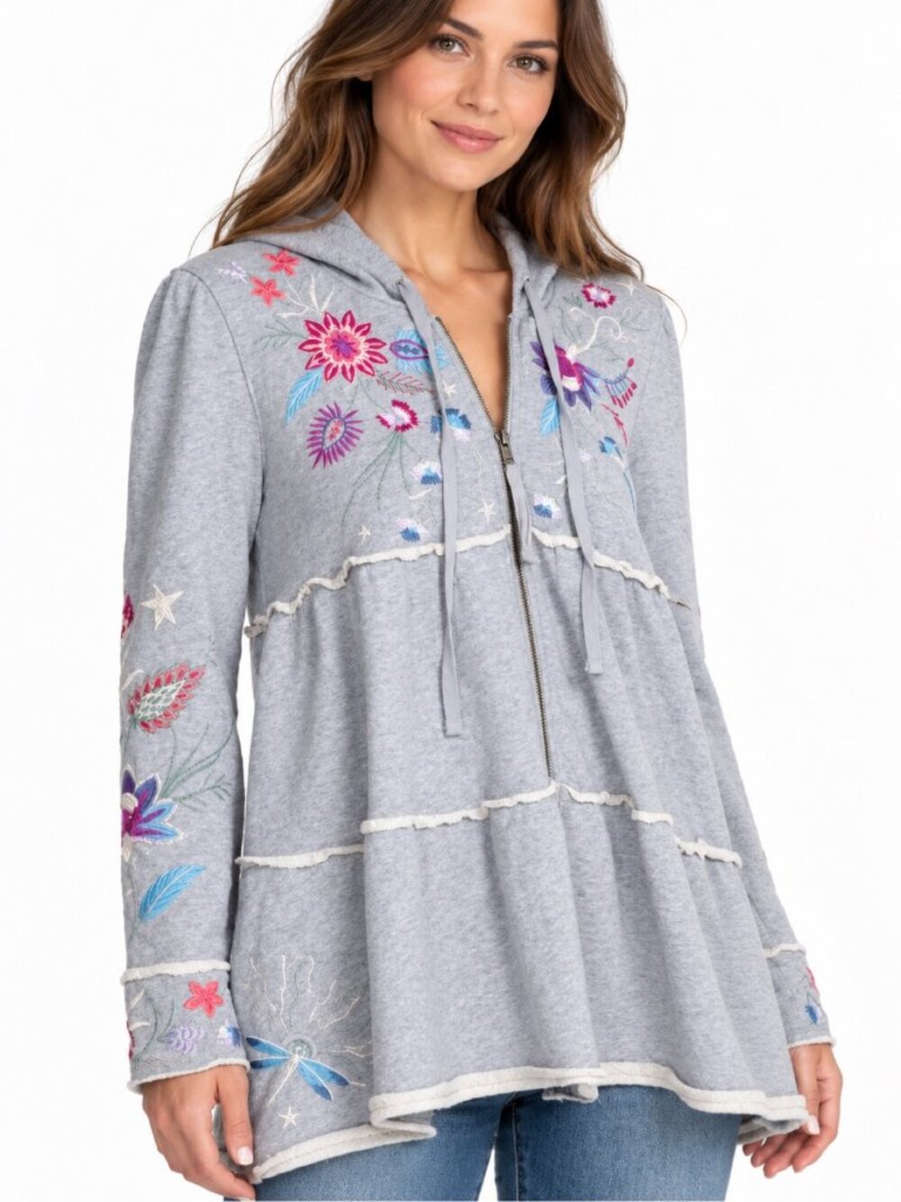 Johnny Was Phoebe Floral Embroidered Tiered Zip Hoodie Gray M